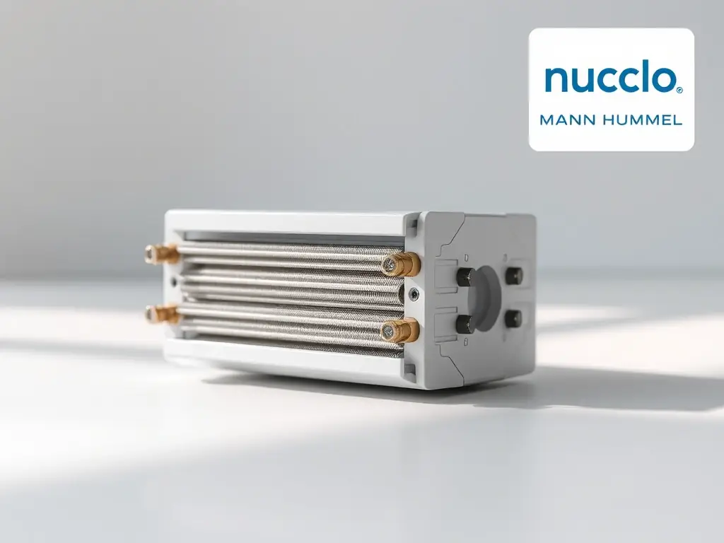 An image of a Mann Hummel membrane module, highlighting its intricate design and the materials used in its construction. The background should be a clean, minimalist design with the Nuclo and Mann Hummel logos subtly placed.