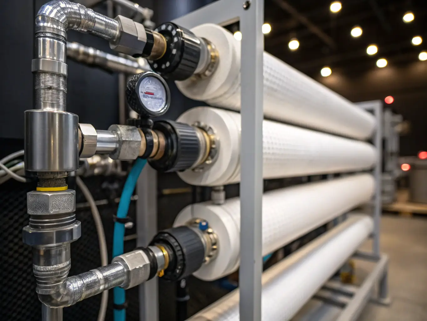 A high-resolution image showcasing a reverse osmosis membrane module, highlighting its intricate design and advanced filtration capabilities within a water treatment plant setting. The color palette should be white, light grays, and blues, with a vibrant accent color to draw attention to key features.