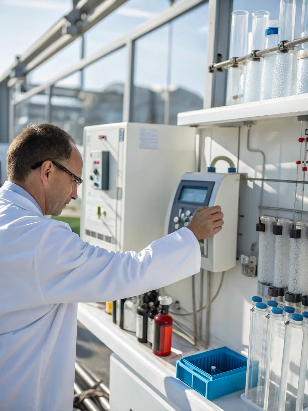 A picture of a Nuclo engineer working on a complex water purification system, emphasizing the technical skills and precision involved in their service.