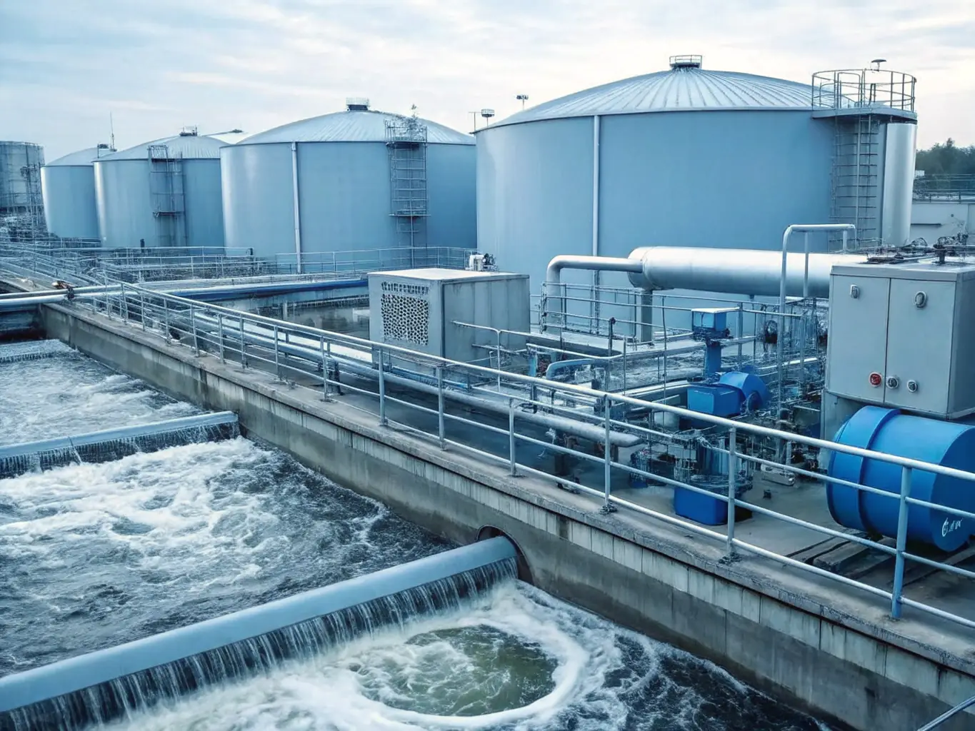 A visually appealing image of a complete water treatment system, including pre-filtration, RO, and post-treatment stages, installed in a modern industrial facility. The image should convey cleanliness, efficiency, and technological sophistication.